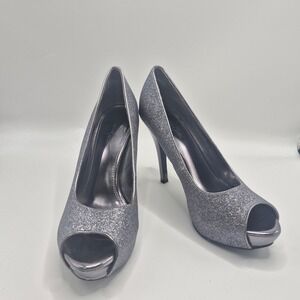 Jacqueline Ferrar Silver Glitter Peep Toe Platform Pumps Heels Womens 7.5M